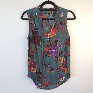 Pink Clover Tie Neck Floral Tunic Tank Teal Size Small